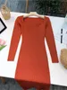 Casual Dresses Square Neck Ribbed Thicken Warm Knitted Dresse Long Sleeve High Stretch Basic Bodycon Dress Streetwear C121 230310