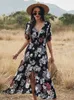 Casual Dresses Dress Spring/Summer Long Floral Stretch Belt Women 2022 New Sexy V-neck Slim High Waist Ladies A-line Print Long Dress G230311