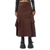 Kjolar kvinnors vintage last mitten av midja klaffficka fast färg asymmetrisk gata lång svart/brun
