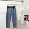 Jeans pour femmes avec ceinture coréenne taille haute Harem Jeans femmes cheville lâche confortable maman pantalon mode couleur unie femme Denim pantalon 230311