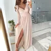 Casual Dresses Dress 2021 Autumn Sexig Lady Hollow Dress Female Casual Long-Sleeved Slim Elegant Party Dress Solid Color V-Neck High Split Lady G230311