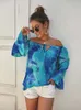 Women's Blouses Tie Dye Slash Neck Flare Long Sleeve Bandage Sexy Off Shoulder T Shirt Women Casual Loose Streetwear Plus Size Office Tops