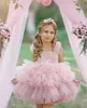 Vestidos de flor de miçangas de miçanga rosa claro vestidos de concurso de princesa em camadas para casamento para casamento e aniversário de tule de tule curto vestido de concurso