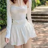 2024 Skirts Sexy Cute White Mini Skirt Women Drawstring Folds High Waist Irregular Ruffle Patchwork Fairycore Short Mori Girl