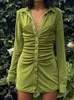 Robes décontractées Sexy Mini robe mince femmes vert Club robe de soirée col rabattu bouton chemise froncée robes femme élégante robes G230311