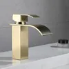 Bathroom Sink Faucets Waterfall Basin Faucet Deck Mounted Stainless Steel Brushed Gold Sink Tap Cold Water Mixer Bathroom Vanity Vessel Faucets 230311