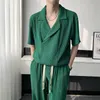 Men's Tracksuits Summer 3-color Pleated Sets Fashion Casual Short-sleeved T-shirt/Trousers Two-piece s Korean Loose Ice Silk 230311