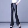 Women's Pants 2023 Autumn Winter Women Casual Solid PU Leather Flared Female Fashion High Waist Pockets Streetwears Trousers S71