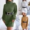 Casual Kleider Frauen Pullover Herbst Twist Strickkleid Solide Rollkragen Volle Ballon Hülse Elastische Wrap Hüfte Mini Bottom