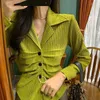 Women's Blouses 2023 Women Fashion Pleats Design Green Satin Smock Blouse Lady Casual Slim Buttons Kimono Shirts Chic Blusas Tops