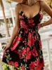 Casual Dresses Women's Vintage Floral Print Elastic Waist Mini Dress Knee Length Sexy Deep V Neck Sleeveless Sling Summer Backless Ladies G230311