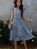 Casual Dresses Summer Fashion Floral Midi Dress Women Print V Neck Dress Sleeveless Boho Beach A-line Dress Casual Street Vintage Woman Dress G230311