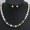 Necklace Earrings Set Spacer Natural White Freshwater 9-10mm Round Pearl Crystal Beads Elegant Women Jewelry 20inch B1424