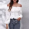 Blouses Femmes Sexy Hors Épaule Blanc Chemisier En Mousseline De Soie Femmes Élégant Lanterne Manches Chemise Pour La Mode Casual Bandage Slash Cou Tops 24650