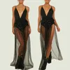 Damen-Badebekleidung In-X Schwarzer sexy Mesh-Bikini-Strandkleid für Frauen Sommer-Pailletten-Badeanzug-Abdeckungen Große Größe Tragen Glänzender Sarong Saida de Praia Y230311