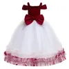 Abiti da ragazza Abito da principessa in pizzo per bambini con fiori Abito lungo da damigella d'onore con fiocco Tutu in tulle rosso Abbigliamento da sera