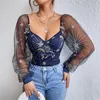 Blouses pour femmes dames automne été dentelle broderie chemise Blouse femmes Floral Pathchwork maille à manches longues col en V dos nu mince pull