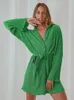 Casual Dresses Green Fashion Shirt Dress Women Loose Belted Long Sleeve Dress Summer Lapel Lace Up Pleated Dress Casual Elegant Solid Vestidos G230311