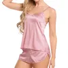 Women's Sleepwear 2 PCS Womens Satin Pajama Cami Set Silk Solid Nightwear Lingerie AIC88