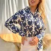 Bloups feminina 2023 Designer de luxo Retro Prind Young Office Lady Nature Chiffon Aberto Fashion Fashion Mulheres de manga cheia