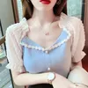 Dames blouses zomer kanten kanten korte mouw chiffon tees vrouwen kleding Koreaanse sleutelbeen splicing crop tops vrouwelijke casual t-shirts