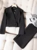 Damenanzüge, Blazer, Damen-Hosenanzug, modisch, Büro, Business, Arbeitskleidung, Damen, kurz, zweireihig, Blazer, weites Bein, Hose, formelles Zweiteiler-Set 230311