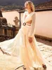 Women's Swimwear Sexy Deep V-neck Cut Out Long Sleeve Maxi Dress White Lace Tunic Women Clothes Summer Beach Wear Swim Suit Cover Up A1049 Y230311