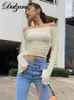 Women's TShirt Dulzura Mesh Patchwork Women Long Sleeve Crop T Shirt Ruched Off Shoulder Bodycon Sexy Elegant Streetwear 2023 Spring Summer 230310