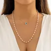 Pendant Necklaces Vintage Metal Long Collar Chain Necklace For Women Imitation Pearl Bead String Blue Eye Jewelry QI