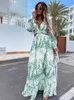 Casual Dresses Elegant Sexy V Neck Hollow Out Long Dress For Women 2022 Autumn Casual Long Sleeve Print Bohemian Beach Vacation Midi Dresses G230311