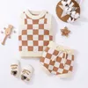 Clothing Sets born Baby Boys Girls Two Pieces Clothes Outfits Oneck Sleeveless Checkerboard Printed Knitted Swater Vest TieUp Shorts 230310