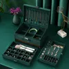 Sieradendozen Wij 3Layers Green Stud sieraden Organisator Grote ring ketting make -up houder cases fluwelen sieradendoos met slot voor vrouwen 230310