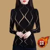 Women's TShirt Spring Autumn HighNeck Warm Bottoming Shirt LongSleeved Lace Print AllMatch Thick Fleece Pullover Outerwear 4XL 230311