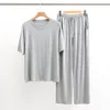 Herren-Nachtwäsche, Modal-Hosen-Pyjama-Anzug für Herren-Hauskleidung, kurzärmelige Hose, tiefe Taschen, einfarbig, drapiert, große Pyjama-Männer 230311