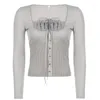 Camisetas de mujer 2023 otoño mujer Sexy Vintage moda cuello pico botón Y2k transparente blanco Casual manga larga Top señoras estética gótica