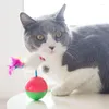 猫のおもちゃの猫は幸せなマウスのタンブラーペット噛みを噛んでいます。