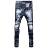 Jeans pour hommes Européen Vintage Mode Hommes Rétro Bleu Élastique Slim Fit Déchiré Lavage Uni Détruit Hip Hop Denim Punk Pantalon