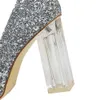 Kledingschoenen vrouwen 10 cm hoge hakken glitter scarpins gouden pailletten blok heldere hakken pumps dame bruiloft bruids bruids transparante dikke witte schoenen 230311