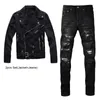 Svarta träningsoveraller Punk Slim Herr 2st Jeansset Slant Zipper Jeansjacka och Ripped Patch Stretch Byxor High Street Trendiga Herrkläder