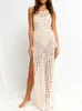 Women's Swimwear New Fringe Tassel Knitted Beach Cover Up Cover-ups Wear Sexy Backless Vestidos Hollow Out Robe Long Dress Slit 2022 Y230311