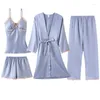 Indumenti da notte da donna 4PCS Intimo Set di abiti in raso da donna Sexy Pigiama con scollo a V Tute Cardigan Kimono Strap Nighty Pantaloni completi Pigiama Homewear