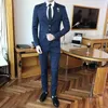 Men's Suits Mandarin Collar Suit Plaid Check Male 2023 Chinese Business Casual Terno Slim Fit Black Navy Wedding