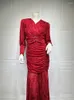 Lässige Kleider Herbst Damen Langarm Rot Partykleid Sexy Wrap Bandage V-Ausschnitt Drapiert Promi Abend Split Club Maxi Meerjungfrau