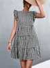 Casual Dresses Summer Plaid Dress Women Sleeveless Checkered A-line Dress Casual Crew Neck Black Woman Dress Loose Holiday Beach Short Sundress G230311