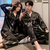 Men's Sleepwear Couple Sleepwear Big Size Pajamas Men Pajamas 4XL 5XL Satin Long Sleeve Set Black Men Trousers Unisex Lovers Pyjamas for Autumn 230311