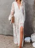 Casual Dresses Summer Lace Long Dress Women Bohemian broderad Maxi Dress Female V Neck Hollow Out Long White Casual Holiday Dress G230311