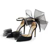 Mode perfekte Damen Pumps Sandalen Classic London AVERLY 100 mm Italien spitze Zehen Asymmetrische Ripsband-Mesh-Fascinator-Schleifen Designer-Sandale High Heels Box EU 35-42