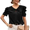 Blouses voor dames elegante bladerdeeg korte mouw mode blouse 2023 solide v-neck slanke zomer tops kantoor lady chiffon dames kleding blusas 24766