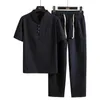 Men's Tracksuits Arrival Cotton and Linen Short Sleeve TshirtAnkle Length Pant Set Solid ShirtTrousers Home Suits Male Size M5XL 230311