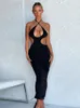 Casual Dresses 2023 Hollow Out Sexy Maxi Dress Women Sleeveless Halter V Neck Cross Bandage Bodycon Party Elegant Female